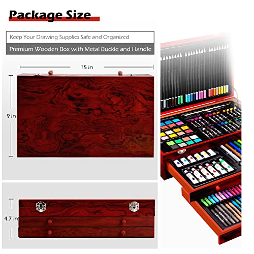 Art Supplies, 185-Piece Super Deluxe Wooden Art Set Crafts Drawing Kit with 2 Sketch Pads, Crayons, Oil Pastels, Colored Pencils, Watercolor Cakes, VigorFun