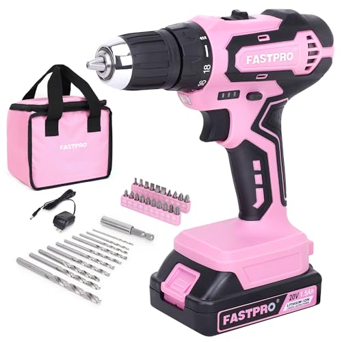 FASTPRO Pink Drill Set—20V Max Lithium-ion Cordless Drill Driver Set, 3/8 in. Drill Driver kit with One 1.5 Ah Batteries, Charger and Tool Bag FASTPRO