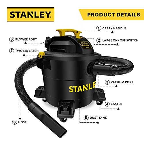 Stanley Wet/Dry Vacuum SL18191P, 10 Gallon 4 Horsepower 16 FT Clean Range Shop Vacuum, Ideal for Home/Garage/Laundry Rooms with Vacuum Attachments, Stanley