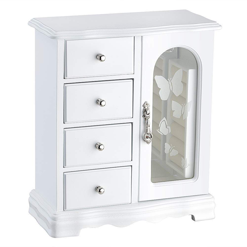 RR ROUND RICH DESIGN Jewelry Box - Made of Solid Wood with 4 Drawers Organizer and Built-in Necklace Carousel and Large Mirror White RR ROUND RICH DESIGN