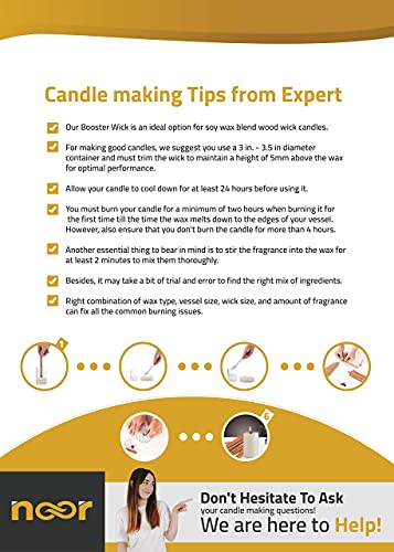 Wood Wicks for Candles Making - NOOR 50 Pieces Smokeless Wooden Wicks with Booster. Crackling Wood Wick with Metal Clips for Candle Making and DIY NOOR