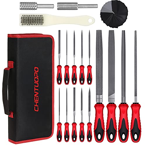 57Pcs Metal & Wood File Rasp Set,Grade T12 Forged Alloy Steel, Half-round/Round/Triangle/Flat 4pcs Large Tools, 14pcs Needle Files and a pair of CHENTUOPO