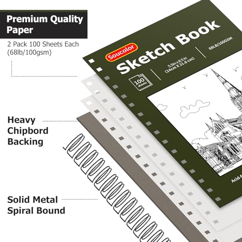 Soucolor 5.5" x 8.5" Sketch Book, 100 Sheets Spiral Bound Art Sketchbook, Acid Free (68lb/100gsm) Artist Drawing Book Paper Painting Sketching Pad (2 Soucolor