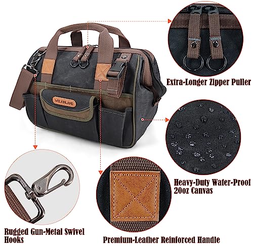 30-Pockets Canvas tool bag, 14-Inch Heavy Duty tool bag, Waxed Canvas tool bags heavy duty, Tool duffel, Lineman tool bag, Electrician tool bag, Tool WELKINLAND
