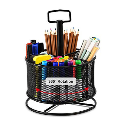 Marbrasse Mesh Desk Organizer, 360-Degree Rotating Multi-Functional Pen Holder, 4 Compartments Desktop Stationary Organizer, Home Office Art Supply