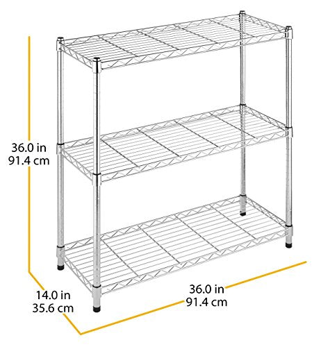Whitmor Supreme 3 Tier Shelving with Adjustable Shelves and Leveling Feet - 350 lb. Capacity per Shelf - Chrome Whitmor