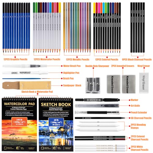 Drawdart Art Supplies Drawing Pencils Set - 76 Pack Pro Sketching Kit with Sketchbook & Watercolor Pad, Includes Graphite, Charcoal, Watercolor & Drawdart
