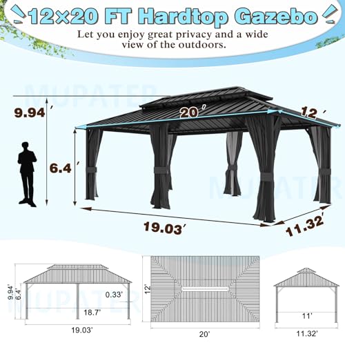 MUPATER 12X20 FT Hardtop Gazebo with Galvanized Steel Double Roof, Outdoor Metal Pergola Gazebo with Aluminum Frame, Mesh Nettings and Curtains for MUPATER