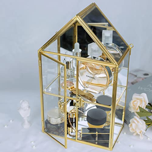 Wall Glass Cabinet Display for Perfume, Small Glass Display Curio Cabinets with Doors Wall Mounted, 2 Tiered Small Gold Curio Cabinet with Mirror Smilkat