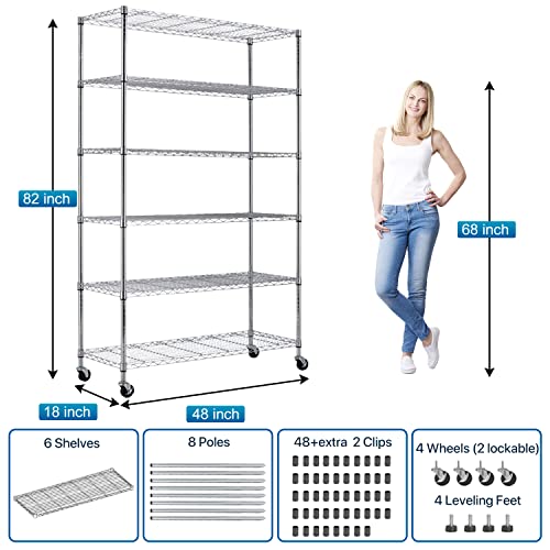 Storage Shelves Metal Shelf Wire Shelving Unit with Wheels 6 Tier NSF Certification Height Adjustable Garage Shelving Utility Steel Heavy Duty Dkeli