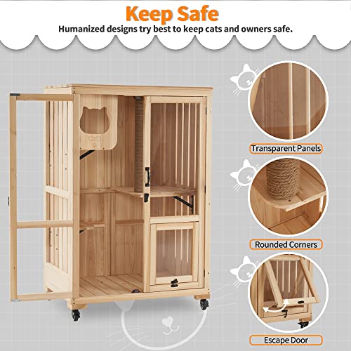 MCombo Luxury Cat House with Scratching Post, Wooden Large Cat Villa with Wheels, Multi-Feature Cat Condo with Escape Door, Cat Cages Enclosures with mcombo