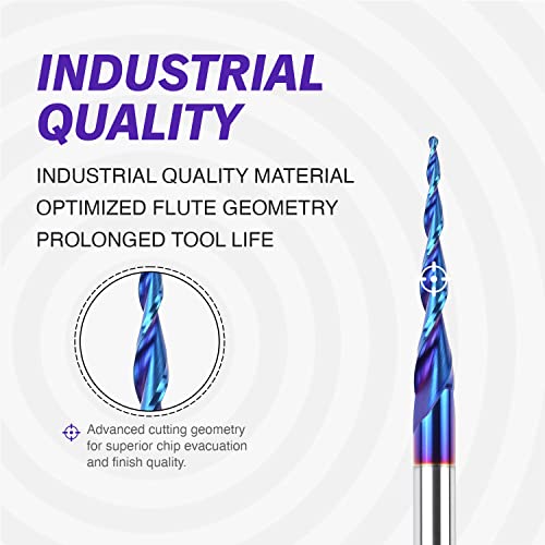 ZahyoX 3D Carving Tapered Angle Ball Nose CNC Bit, 3.6 Degree nACo Coated Solid Carbide Router Bit, 1/16" Cutting Dia, 1/32" Radius, 1/4" Shank, 3" Zahyox