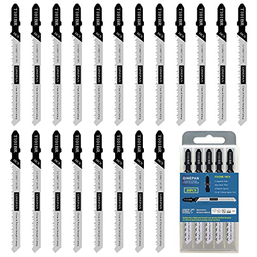 Jigsaw Blades T Shank 20PCS T101BR with Case, Compatible with Bosch Dewalt Black and Decker Jig Saw Blades Set for Wood, 4 in. 10 TPI Fast & Accurate GINEPAN