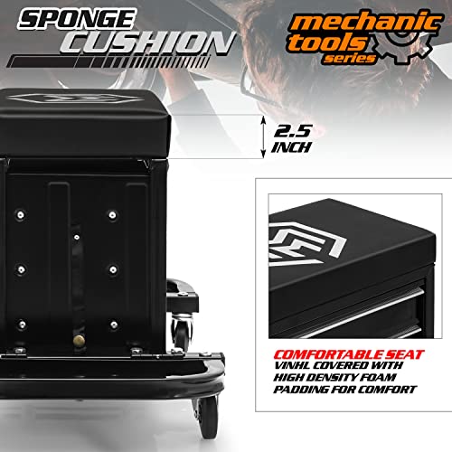M-AUTO Rolling Mechanic Stool Garage Toolbox Stool Tool Chest Seat w/Wheels, 350LBS Capacity Padded Mechanic Stool Creeper Seat w/Drawers & Side Tool M-AUTO