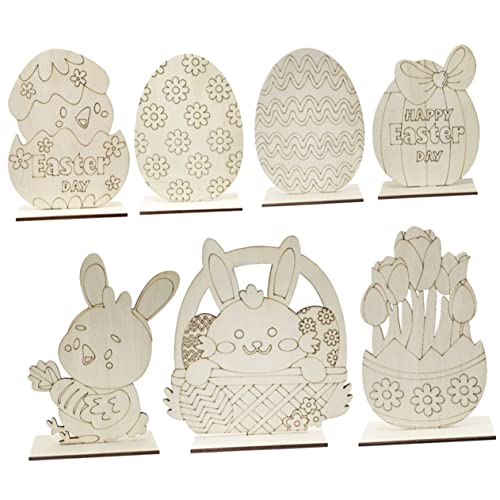 TEHAUX 7pcs Home Rabbit Decoration Animal Figurine Decor Unfinished Wood Easter Egg Easter Bunny Decor Easter Statues Spring Decor for Home Wood TEHAUX