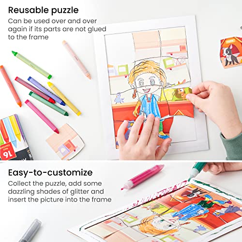 Arteza Kids Coloring Puzzle Kit, 5 Careers Jigsaw Puzzles, 16 Crayons, 6 Tubes of Glitter Glue, 5 Frames, DIY and Screen-Free Kids’ Activities, Craft Arteza Kids