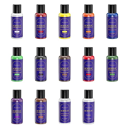 12 Colors Acrylic Leather Paint Kit for Shoes, Sneaker, Couches, Bags, Car Seat, Acrylic Leather Dye Set with Leather Preparer, Acrylic Finisher for Fuumuui