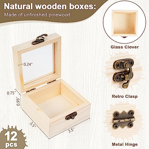 Thyle 12 Pcs Unfinished Wooden Boxes with Glass Lid Small Blank Wooden Box Natural Wooden Christmas Gift Boxes 3.5 x 3.5 x 1.8 Inch Wood Box for Thyle