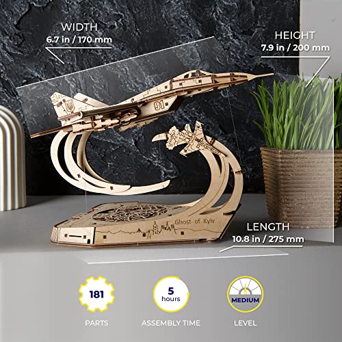 UGEARS Wooden Airplane Model Kits - The Ghost of Kyiv Ukrainian Fighter Jet Model Kit with Movable Ailerons, Wing Flaps & Tail Rudders - MiG-29 UGEARS