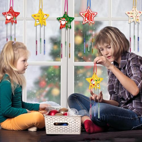 MEZOOM 8pcs Christmas Wooden Windchimes for Kid, Make Your Own 3D Star Wind Chimes Star Hanging Decoration Xmas DIY Art Craft for Christmas Winter MEZOOM