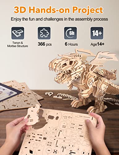 MIEBELY 3D Wooden T-Rex Puzzle Kit with Roaring Sound and Motion for Adults and Kids MIEBELY