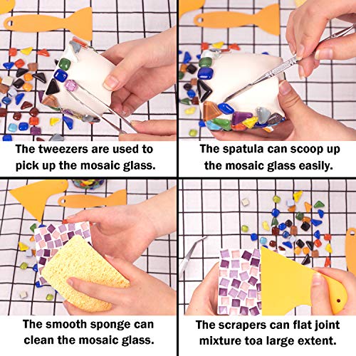Whaline 7 Pieces Mosaic Tools, Mosaic Tweezers Tile Beginner Setwith 2 Scrapers, 2 Tweezers, 1 Double-EndedHook, 1 Spatula, 1 Sponge Whaline
