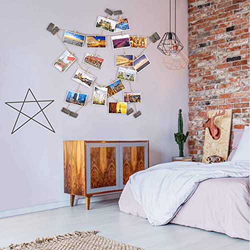 Emfogo Hanging Photo Display, Wood Picture Photo Frame for Wall DIY Decor 5 Strings with 30 Clips, Adjustable Twines fit Multi Pictures Frames Emfogo