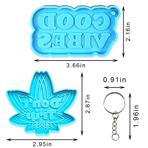 2Pcs Words Maple Leaf Silicone Resin Molds, Good Vibes Keychain Molds with Holes, Don't Trip Keychain Molds for Epoxy Resin Kit with 8 Key Rings for ALIBBON