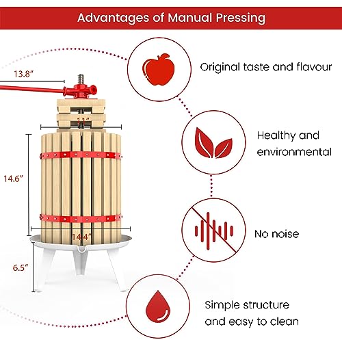4.75 Gallon Fruit Wine Press - 100% Nature Apple&Grape&Berries Crusher Manual Juice Maker for Kitchen, Solid Wood Basket with 8 Blocks Heavy Duty EJWOX