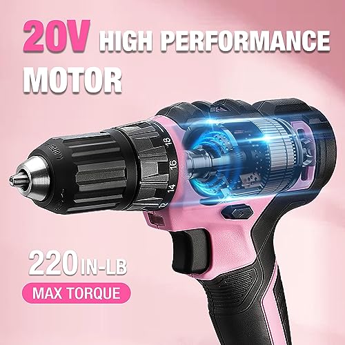 WORKPRO 20V Pink Cordless Drill Driver and Home Tool Set, 141PCS Hand Tool Kit for DIY, Home Maintenance, 2.0 Ah Li-ion Battery, 1 Hour Fast Charger, WORKPRO