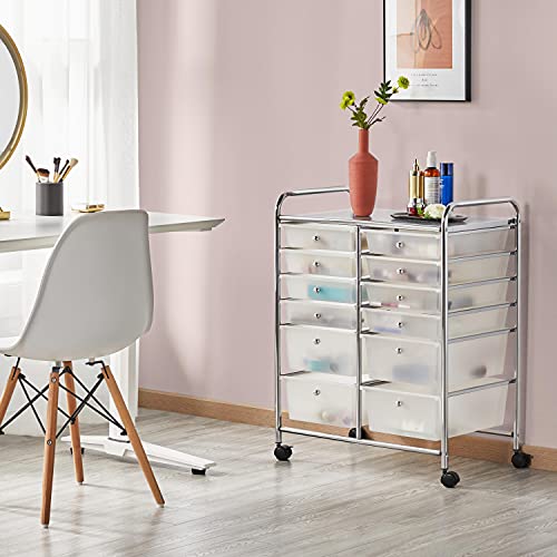 Yaheetech 12 Drawers Rolling Storage Cart Multipurpose Movable Organizer Cart Storage Bin Trolley Tools Scrapbook Paper Organizer on Wheels, White Yaheetech