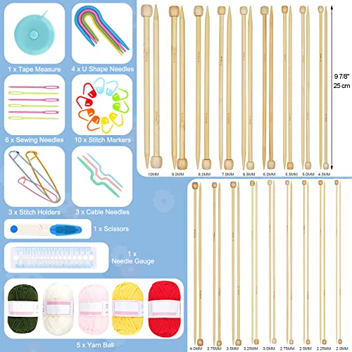 Coopay Knitting Kit 71 PCS Knitting Needles Set, Knitting Kit for Beginners Adults 2mm-10mm Straight Single Pointed Bamboo Knitting Needles with Coopay