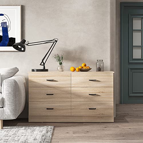 Bigbiglife Wood Dresser for Bedroom, 6 Drawer Double Dresser with Metal Handles, 15.8" D x 47.2" W x 27.7" H, Light Oak Bigbiglife