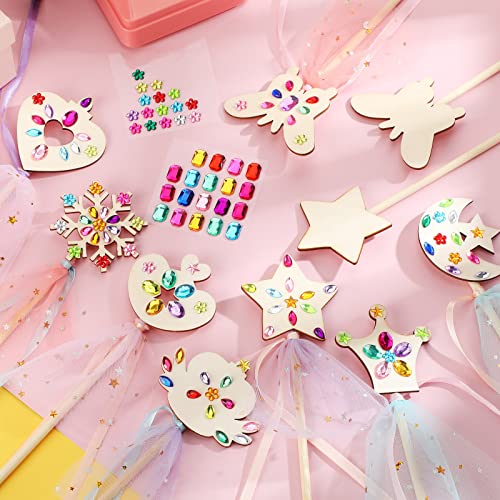 34 Pcs Make Your Own Princess Wand Kit 16 Unfinished Star Butterfly Crown Moon Fairy Wood Stick 6 Gem Stickers 4 Satin Ribbons 8 Mesh Decor for Queekay