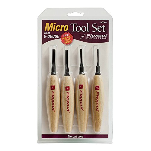 FLEXCUT Carving Tools, Deep U-Gouge Micro Tool Set, Razor Sharp High Carbon Steel Blades, Set of 4 (MT500) FLEXCUT