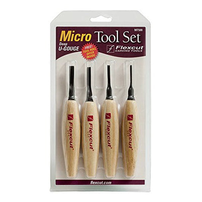 FLEXCUT Carving Tools, Deep U-Gouge Micro Tool Set, Razor Sharp High Carbon Steel Blades, Set of 4 (MT500)