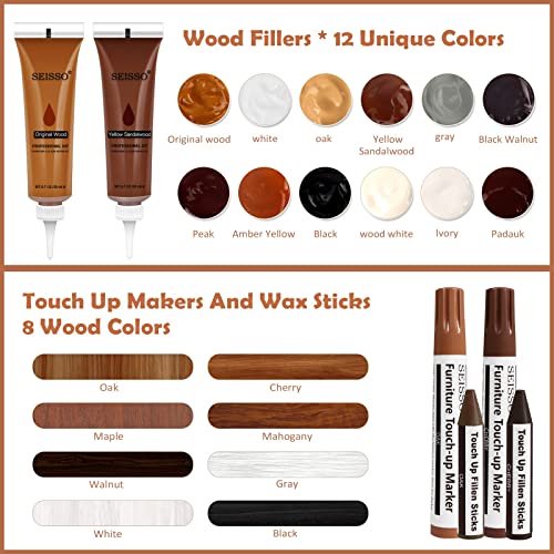 DEWEL Wood Furniture Repair Kit, New Upgrade Wood Fillers, Furniture Touch Up Markers, Wax Sticks, Wood Putty with Beeswax for Cracks, Wood Hole, DEWEL