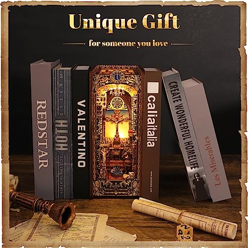DIY Book Nook Kit with Sensor Light Music Box, 3D Wooden Puzzle for Adults, Covenant Church Bookshelf Insert, Self-Assembly Bookend Building Set Hallisun