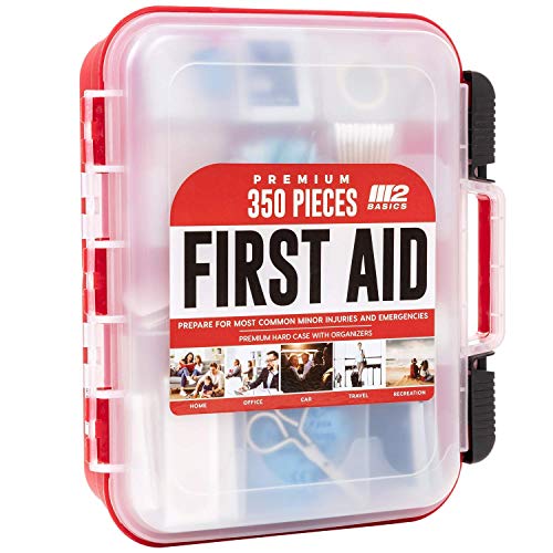 M2 BASICS Professional 350 Piece Emergency First Aid Kit | Business & Home Medical Supplies | Hard Case, Dual Layer, Wall Mountable | Office, Car, M2 BASICS