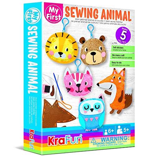 KRAFUN krafun sewing kit for kids age 7 8 9 10 11 12 beginner my first art  & craft, includes 3 stuffed animal dolls teddy, raccoon a