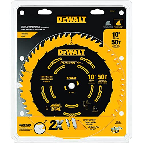 DEWALT DW7150PT 10-Inch 50 Tooth ATB Combination Saw Blade with 5/8-Inch Arbor and Tough Coat Finish DEWALT