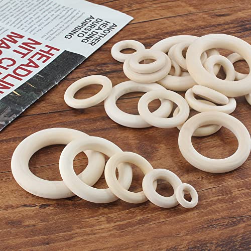 Suiwotin 50pcs 5 Sizes Natural Wood Rings, Unfinished Solid Wooden Hoops, Smooth Wooden Rings for Craft, Jewelry Making, DIY Pendant Connectors suiwotin
