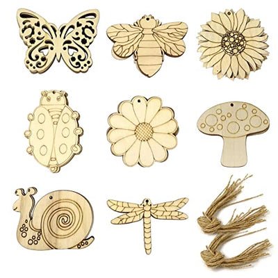 Honbay 40PCS Unfinished Spring Wooden Cutouts Wood Butterfly Sunflower Beetle Flower Dragonfly Mushroom Bee Snail Slices for DIY Crafts Home