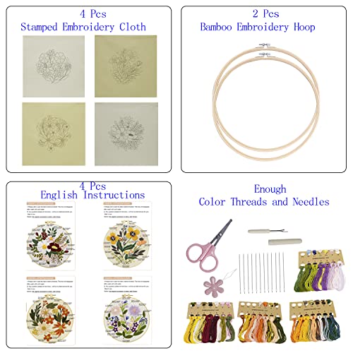 Bonroy 4 Sets Embroidery Kit for Beginners Art Craft Handy Sewing Include Embroidery Clothes with Pattern, Hoops, Instructions,Color Threads Needle Bonroy