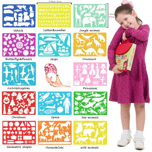 Drawing Stencils for Kids Kit & Carry Case – – Child-Safe, Non-Toxic Stencil Set with 300 Shapes, Colored Pencils, Paper, Etc. – Travel Art Supplies Art with smile
