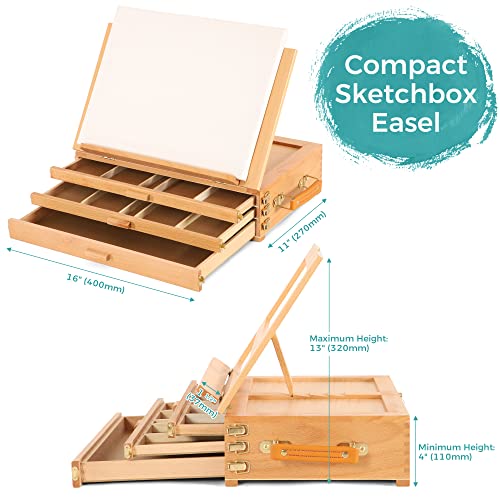 VISWIN Large Adjustable 3 Drawer Storage Box Easel, Premium Beechwood Tabletop Sketchbox, Portable Wood Artist Desktop Easel with Book Stand, Table VISWIN