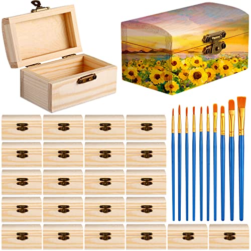 24 Pack Unfinished Wood Treasure Chest with 10 Paintbrushes, Small Treasure Box Wooden Craft Boxes with Locking Clasp Wooden Storage Box for DIY Chumia