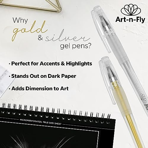 Gold & Silver Gel Pen for Artist 0.7mm Fine Point - Gold Ink Pen with Japanese Ink 6 PACK - Silver/Gold Metallic Pens for Art Drawing, Sketching & Art-n-Fly