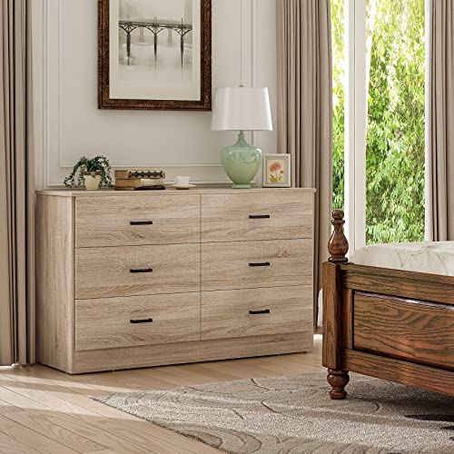 Bigbiglife Wood Dresser for Bedroom, 6 Drawer Double Dresser with Metal Handles, 15.8" D x 47.2" W x 27.7" H, Light Oak Bigbiglife