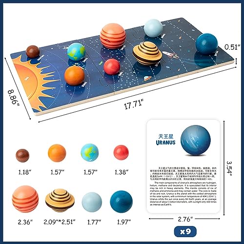 Wooden Solar System Model Board, Montessori Toys Planets Puzzle Science STEM Space Learning for Kids 4-8 with 3D Planets Models, Prechool Educational Xylolin